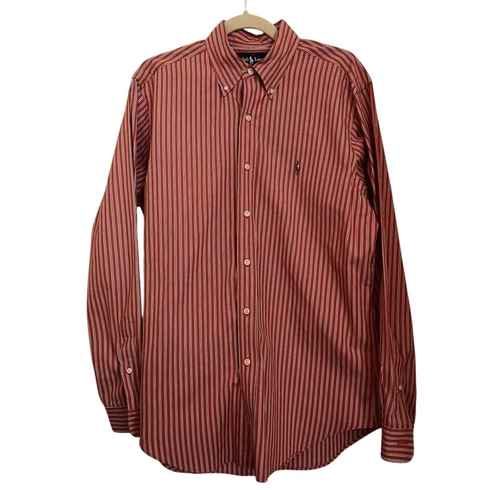 Ralph Lauren Classic Fit Medium Orange Blue Stripe Button Down Long Sleeve Shirt